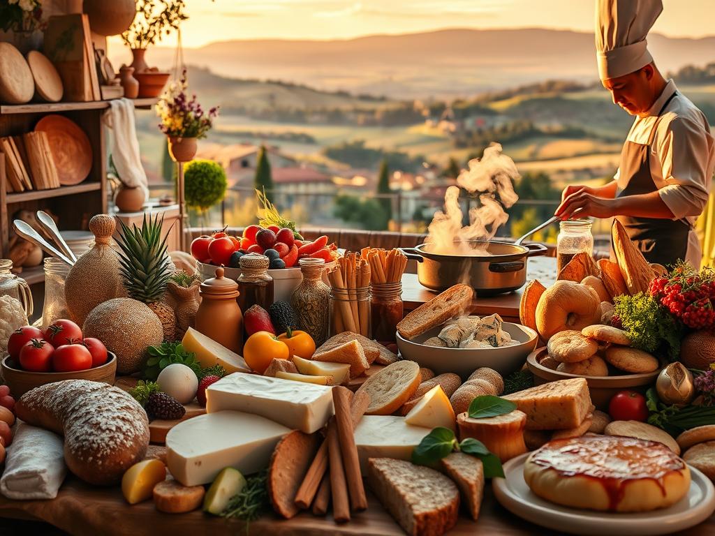 A bountiful display of the region's culinary delights takes center stage. In the foreground, an artful arrangement of locally sourced ingredients - freshly baked bread, handcrafted cheeses, vibrant produce, and decadent pastries. The mid-ground features a rustic kitchen scene, with a skilled chef expertly preparing a signature regional dish, steam rising from the pan. In the background, a panoramic view of rolling hills and quaint villages, bathed in warm, golden-hour lighting that evokes the comforting essence of the local cuisine. The mood is one of abundance, craftsmanship, and a celebration of the region's rich gastronomic heritage.