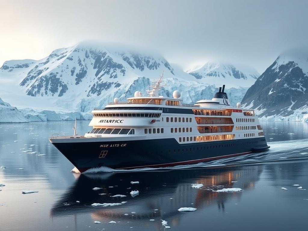 A breathtaking Antarctic cruise ship glides across the pristine, icy waters, its sleek lines and modern design standing in stark contrast to the rugged, snow-capped peaks and glaciers that surround it. The vessel, with its sturdy, reinforced hull, is expertly navigating the treacherous channels, providing passengers with a front-row seat to the untamed beauty of the frozen continent. The soft, diffused light casts a warm glow over the scene, highlighting the intricate details of the ship's exterior and the majestic, awe-inspiring landscapes that stretch out in every direction. This image perfectly captures the essence of the thrilling Antarctic expedition experience, inviting viewers to embark on a journey of discovery and wonder.
