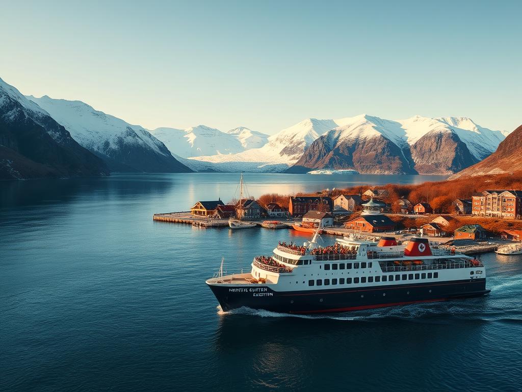A breathtaking Hurtigruten expedition cruising along the rugged Norwegian coastline, surrounded by snow-capped mountains and pristine fjords. In the foreground, a sturdy expedition ship navigates through the calm, azure waters, its passengers gazing in awe at the majestic landscape. The middle ground features a picturesque harbor town, with charming wooden houses and quaint streets. In the background, towering glaciers and peaks stretch towards the sky, bathed in a warm, golden light. The scene conveys a sense of adventure, exploration, and the raw beauty of the Nordic landscape. The image is captured with a wide-angle lens, emphasizing the vastness and grandeur of the setting, and the lighting is soft and natural, creating a serene and inviting atmosphere.