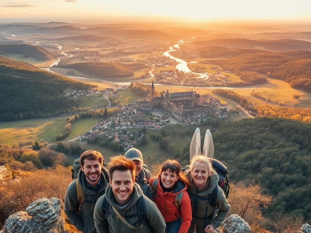 A breathtaking aerial view of a picturesque countryside landscape, with rolling hills, winding rivers, and lush forests. In the foreground, a team of adventurers, clad in outdoor gear, embarks on an expedition, their faces filled with a sense of wonder and discovery. The middle ground showcases quaint villages and historic landmarks, while the distant horizon is bathed in warm, golden light, creating a serene and inviting atmosphere. The scene is captured with a wide-angle lens, emphasizing the vastness and grandeur of the natural surroundings, inviting the viewer to join this expedition and explore the hidden wonders of the homeland.