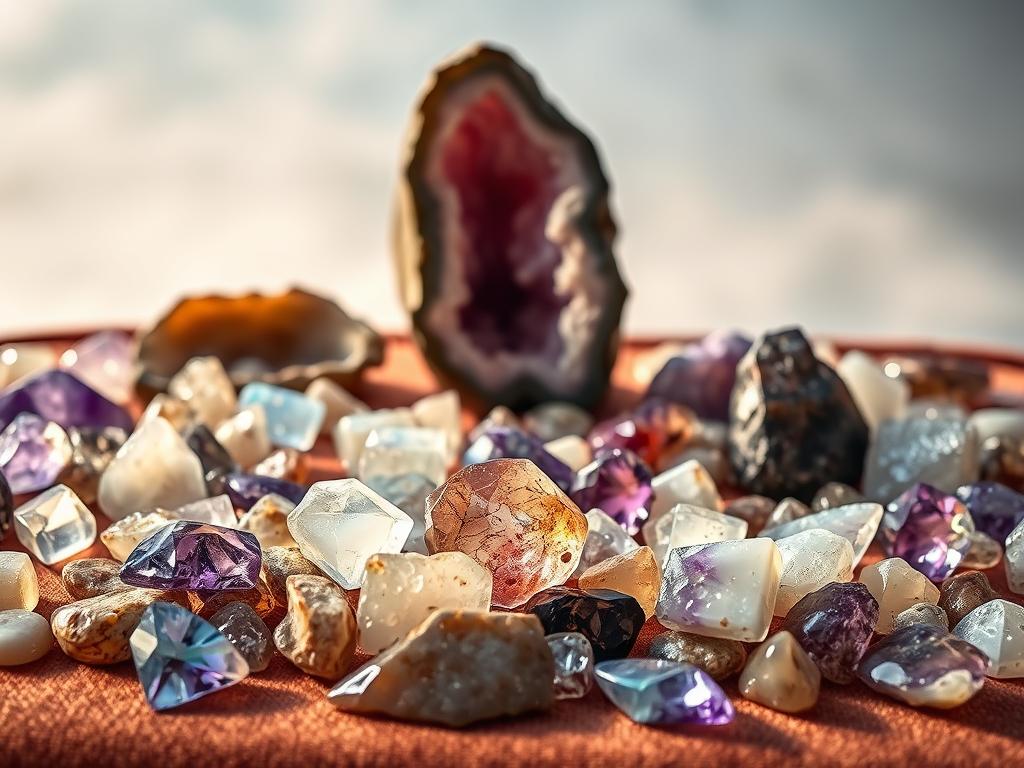 A breathtaking array of uncut gemstones, each a unique and captivating treasure, rests upon a velvet-lined display. Shards of raw amethyst, glittering quartz, and enigmatic opals catch the soft, filtered light, casting a warm, ethereal glow throughout the scene. The foreground features a cluster of these untamed jewels, their natural facets and inclusions hinting at the untold stories they hold. In the middle ground, a single, towering geode stands tall, its vibrant, crystalline heart exposed, inviting the viewer to ponder the wonder of the Earth's hidden riches. The background fades into a muted, atmospheric setting, allowing the jewels to take center stage and captivate the senses. This image evokes a sense of discovery, mystery, and the allure of the unexplored - a tantalizing glimpse into the treasures that lie dormant, waiting to be unearthed.