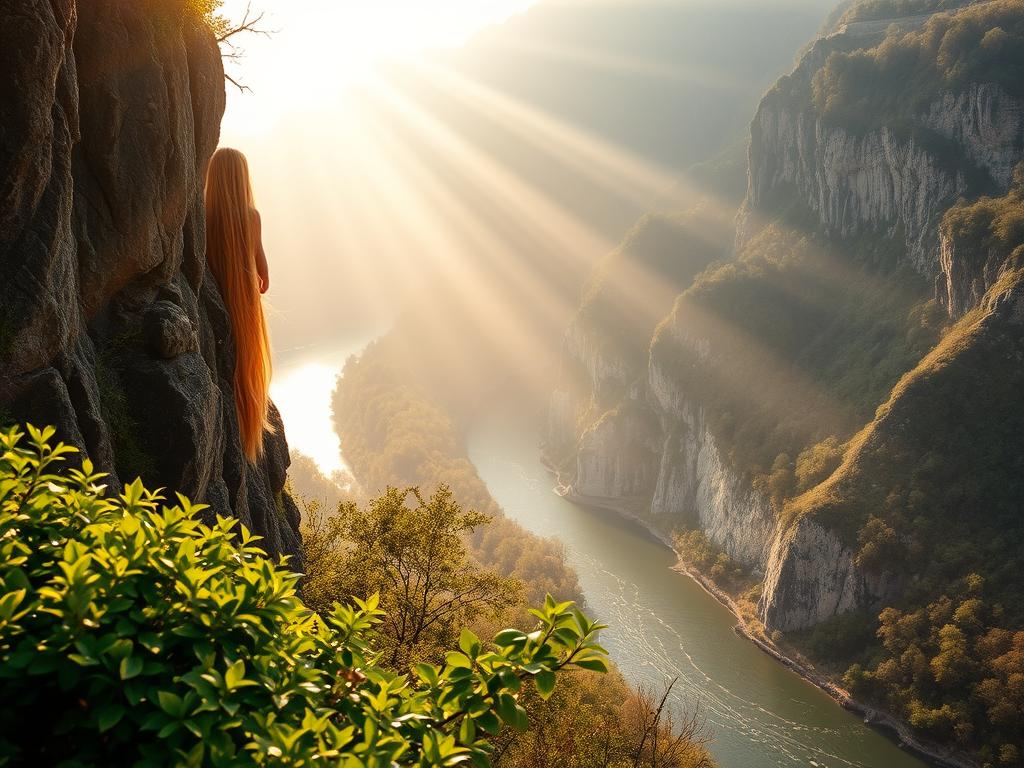 A breathtaking cliff overlooking the winding Rhine River, the legendary Lorelei stands tall, her long golden hair cascading down her graceful form. In the foreground, lush greenery frames the scene, contrasting with the rugged rock face behind her. Shafts of warm, golden light filter through the mist, casting a serene, almost ethereal glow across the landscape. The river below sparkles like diamonds, hinting at the mythical power of this enchanting location. A classic wide-angle lens captures the grandeur of the moment, inviting the viewer to step into this captivating world of German folklore and legend.