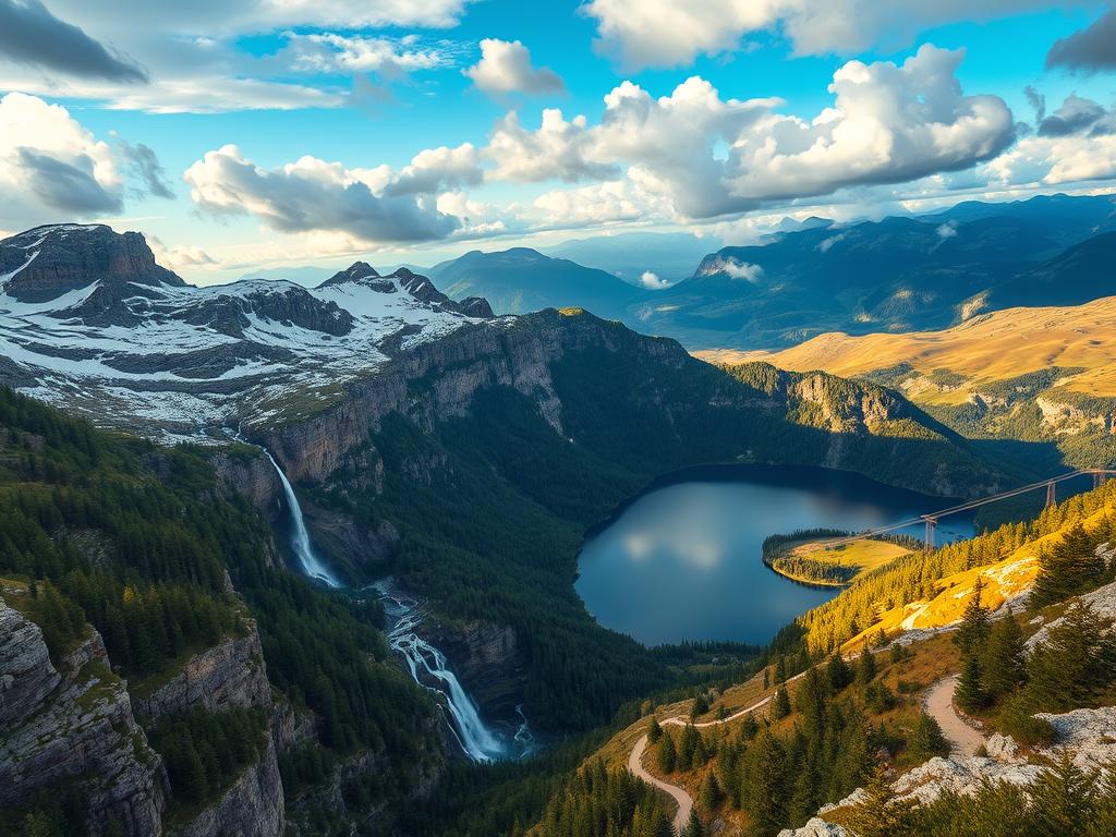 A breathtaking landscape of Germany's most alluring adventure destinations, captured in a vibrant and cinematic style. In the foreground, rugged mountains rise majestically, their peaks dusted with snow and capped by dramatic clouds. Cascading waterfalls tumble down the rocky cliffs, their crystalline waters catching the golden light of the sun. Winding hiking trails lead through verdant forests, inviting adventurers to explore the hidden wonders of the land. In the middle ground, a tranquil alpine lake reflects the majestic scenery, its calm surface mirroring the grandeur of the surrounding peaks. The background is framed by rolling hills and distant mountains, creating a sense of depth and scale. The overall mood is one of awe-inspiring natural beauty, inspiring a deep sense of wonder and a desire to venture forth and discover the thrilling adventures that await.