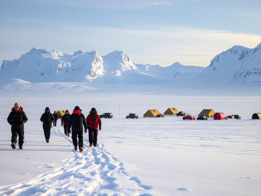 A breathtaking landscape of the Antarctic continent, with the vast expanse of the icy Southland stretching out before the viewer. In the foreground, a team of explorers, bundled in thick parkas and insulated gear, navigates the treacherous terrain, their footsteps leaving imprints in the pristine snow. The middle ground features a sturdy, well-equipped research camp, with tents, vehicles, and scientific equipment dotting the scene. In the background, the towering peaks of the Transantarctic Mountains rise majestically, their icy slopes glistening under the soft, diffused light of the polar sky. The overall mood is one of adventure, exploration, and the triumph of human ingenuity in the face of the harsh, unforgiving beauty of the Antarctic wilderness.