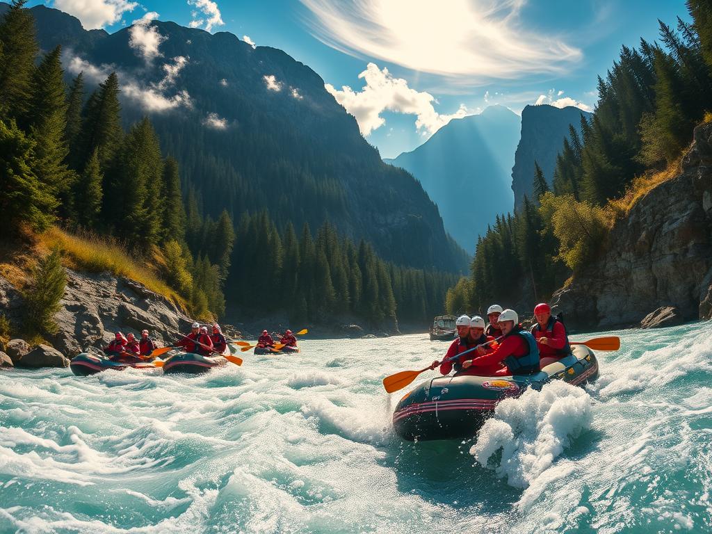 A breathtaking landscape of the Bavarian Alps, captured in a panoramic shot of a thrilling white-water rafting expedition. The raging river rushes through a narrow gorge, flanked by towering peaks draped in lush evergreen forests. Sunlight filters through wispy clouds, casting a warm glow over the rugged terrain. In the foreground, a team of adventurous rafters navigates the churning rapids, their paddles cutting through the foaming water. The scene exudes a sense of exhilaration and natural wonder, showcasing the beauty and excitement of rafting in this picturesque region of Germany.