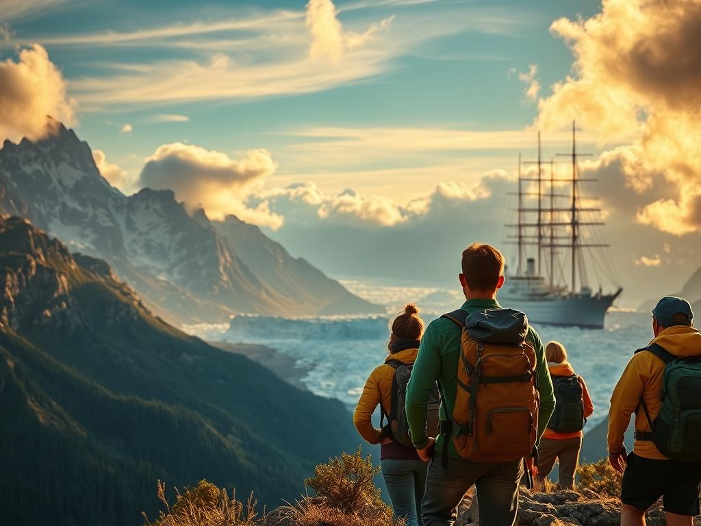A breathtaking landscape unfolds, where rugged mountains touch the sky and glaciers glisten in the distance. In the foreground, a group of adventurers, equipped with backpacks and hiking gear, stand in awe, contemplating their next steps as they plan their expedition. The warm, golden light filters through wispy clouds, casting a sense of wonder and anticipation. In the background, a majestic ship waits, its sails unfurled, ready to embark on a journey to the unknown. The scene evokes a sense of exploration, discovery, and the thrill of the unknown, perfectly capturing the essence of "Ihre unvergessliche Expeditionsreise planen."