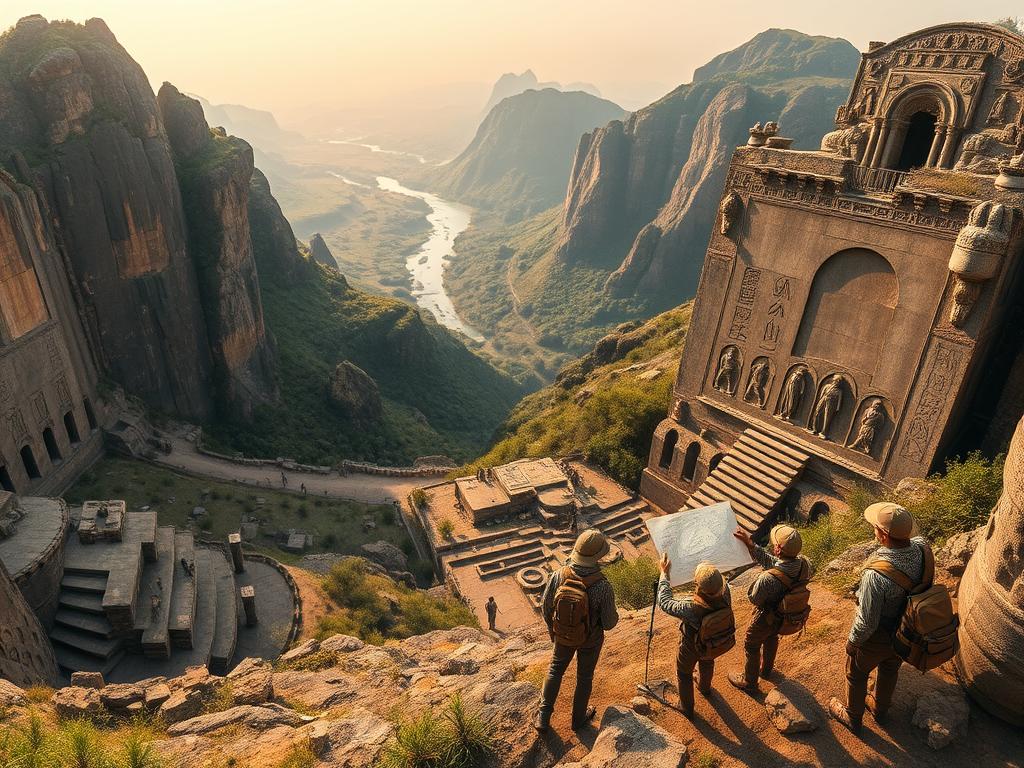 A breathtaking panoramic view of an ancient archaeological site, with towering stone ruins and mysterious hieroglyphics carved into the weathered walls. The foreground is dominated by a team of intrepid explorers, dressed in rugged expedition gear, carefully examining artifacts and mapping the intricate layout of the site. The middle ground features a dramatic landscape, with lush vegetation, dramatic cliffs, and a shimmering river winding through the valley. The background is shrouded in a warm, golden glow, creating a sense of wonder and discovery. The lighting is soft and diffused, highlighting the textures and details of the scene, while the camera angle is slightly elevated, giving the viewer a sense of immersion and scale. The overall mood is one of excitement, adventure, and the thrill of uncovering hidden secrets from the past.