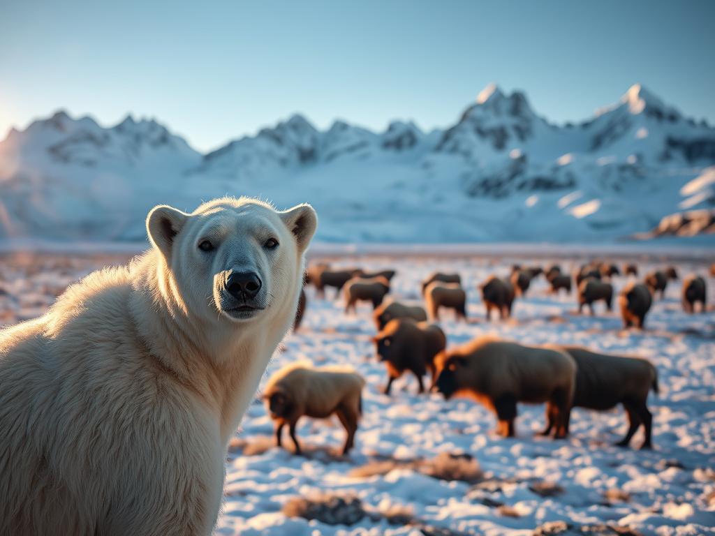 A breathtaking wildlife observation scene at the North Pole. In the foreground, a curious polar bear gazes intently, its icy white fur glistening in the soft, golden light of the midnight sun. In the middle ground, a herd of muskoxen grazes peacefully, their shaggy coats blending seamlessly with the rugged, snow-dusted terrain. In the background, towering glaciers rise majestically, their jagged peaks reflecting the ethereal blue of the clear Arctic sky. The atmosphere is one of tranquility and wonder, capturing the essence of the untamed beauty and untamed spirit of the North Pole.