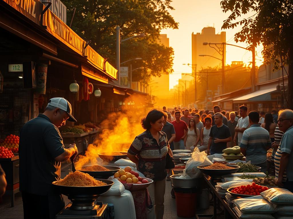 A bustling Asian street market at sunset, awash in warm golden light. Stalls overflowing with vibrant fruits, sizzling woks, and vendors offering mouthwatering regional delicacies. In the foreground, a chef expertly assembles a steaming plate of noodles or skewered meats, while patrons crowd around, eagerly anticipating their next bite. The middle ground is a kaleidoscope of colors and aromas - sacks of spices, baskets of fragrant herbs, and colorful produce glistening under the fading daylight. In the background, the hazy silhouettes of towering buildings and lush greenery frame the scene, creating a sense of place and atmosphere. A lens with a slightly shallow depth of field captures the focus on the foreground action, while maintaining a softly blurred, dreamlike quality to the surrounding environment.