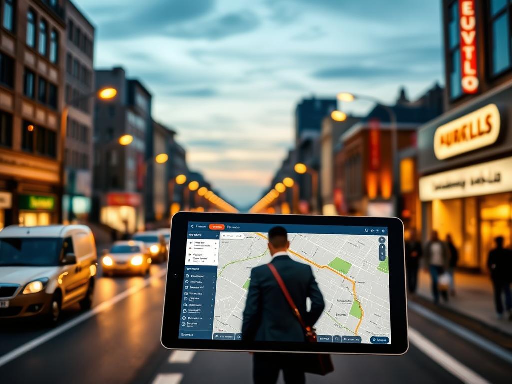 A bustling city street at dusk, illuminated by the warm glow of streetlamps and the headlights of passing vehicles. In the foreground, a route planning dashboard on a tablet or smartphone displays a map with highlighted delivery destinations, optimizing the daily service route for a field sales representative. The middle ground features the sales professional, a briefcase in hand, carefully studying the route plan before setting out on their rounds. In the background, buildings and storefronts blend into the urban landscape, suggesting the challenges of navigating crowded city streets and finding the most efficient path to reach all scheduled appointments. The overall atmosphere conveys a sense of planning, organization, and the need to overcome logistical hurdles to maximize productivity and customer service.