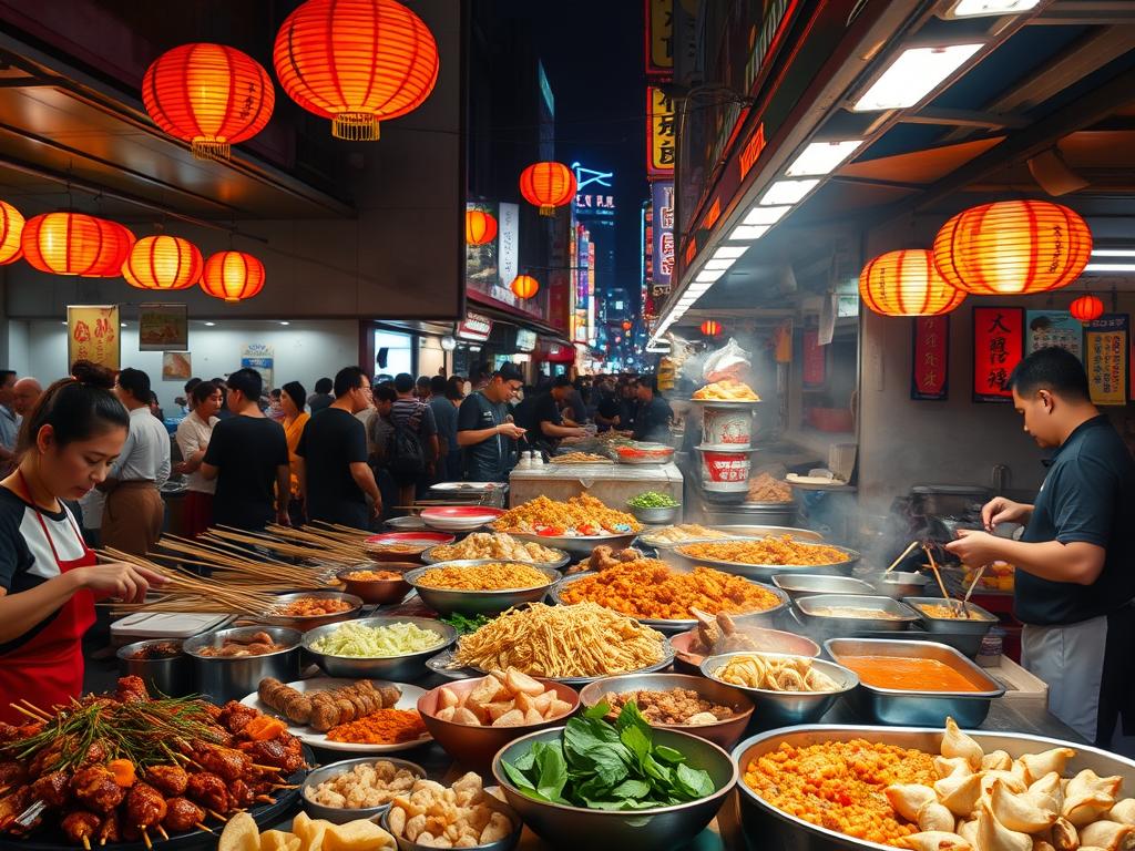 A bustling night market in an Asian city, brightly lit stalls offering an array of sizzling, aromatic street foods. In the foreground, a variety of mouthwatering dishes - skewered meats, steaming noodles, vibrant curries, and fragrant dumplings. The middle ground features vendors skillfully preparing and serving the delicacies, while the background showcases the lively atmosphere with colorful lanterns, bustling crowds, and the neon glow of the city skyline. Warm, diffused lighting creates a cozy, inviting ambiance, drawing the viewer in to sample the flavors of this captivating Asian street food experience.