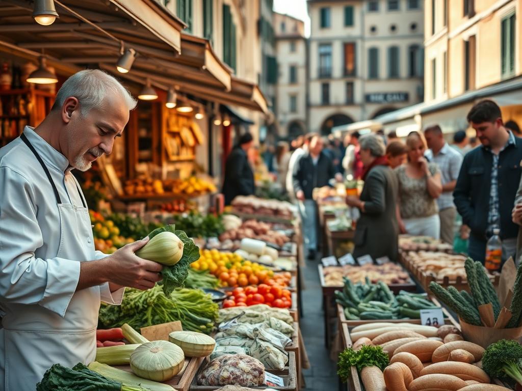A bustling open-air market in a quaint European town, with rows of stalls offering an array of fresh, locally-sourced ingredients. In the foreground, a chef in a crisp white apron examines a seasonal vegetable, discussing its provenance with a discerning customer. In the middle ground, patrons peruse the vibrant displays of meats, cheeses, and artisanal breads, while the background reveals the charming facades of historic buildings, bathed in warm, golden light. The scene conveys a sense of community, tradition, and a deep appreciation for the evolving culinary trends that shape the local cuisine.