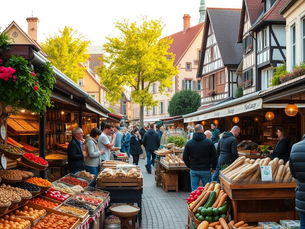 A bustling outdoor food market in a quaint German town, teeming with vibrant stalls offering a tantalizing array of local delicacies. The foreground features an abundance of fresh produce, artisanal breads, and fragrant spices, arranged in a visually captivating display. In the middle ground, people leisurely browse the stalls, chatting with friendly vendors and sampling the bountiful offerings. The background depicts a picturesque, half-timbered townscape, with charming cobblestone streets and lush, verdant trees casting a warm, golden glow under the soft, diffused sunlight. An atmosphere of conviviality, cultural richness, and culinary exploration permeates the scene, inviting the viewer to embark on a delectable journey through the heart of Germany's vibrant gastronomic traditions.