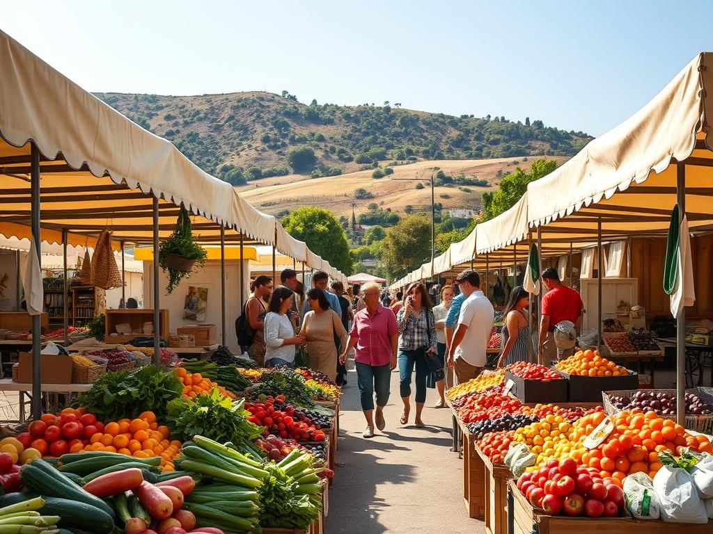 A bustling outdoor market, lit by warm sunlight and dotted with colorful canvas tents. In the foreground, a row of vendors' stalls showcase an array of fresh produce, from glistening vegetables to plump fruits. The middle ground features locals browsing the wares, chatting with merchants and filling their reusable shopping bags. In the background, the hilly landscape frames the scene, adding a sense of quaint, rural charm. The atmosphere is vibrant, with the sounds of lively conversation and the scent of homemade baked goods wafting through the air, inviting visitors to explore and discover the bounty of the region.