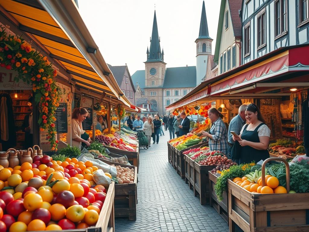A bustling regional market in Germany, with vibrant stalls offering a bounty of local produce, artisanal goods, and traditional delicacies. A warm, golden light bathes the scene, casting a cozy ambiance. In the foreground, colorful seasonal fruits and vegetables spill out of wooden crates, beckoning passersby. In the middle ground, vendors in traditional attire hawk their wares, their faces aglow with pride. The background reveals the charming architecture of a historic German town square, with quaint buildings and a towering church steeple. The overall atmosphere conveys a sense of community, tradition, and the celebration of regional diversity.