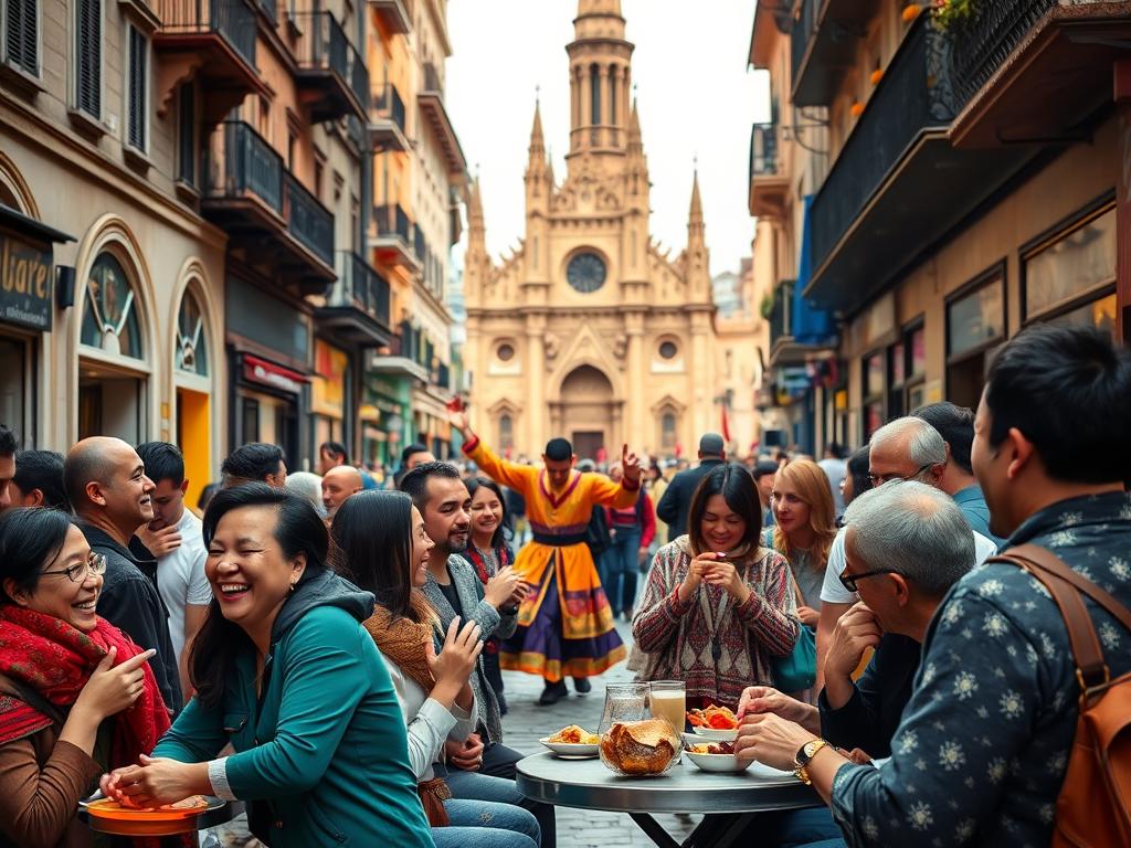 A bustling street in a vibrant city, with people of diverse backgrounds engaging in lively cultural exchanges. In the foreground, a group of friends from different nationalities share a meal, their laughter and animated gestures conveying the joy of discovering new flavors and traditions. In the middle ground, a street performer captivates a crowd with a traditional dance, their colorful costume and expressive movements showcasing the richness of their cultural heritage. In the background, a towering cathedral and ornate architecture serve as a testament to the city's long and storied past, creating a sense of wonder and immersion. Warm, diffused lighting bathes the scene, evoking a sense of warmth and conviviality. The overall composition conveys the transformative power of cultural experiences and their ability to foster greater understanding and connection between people.