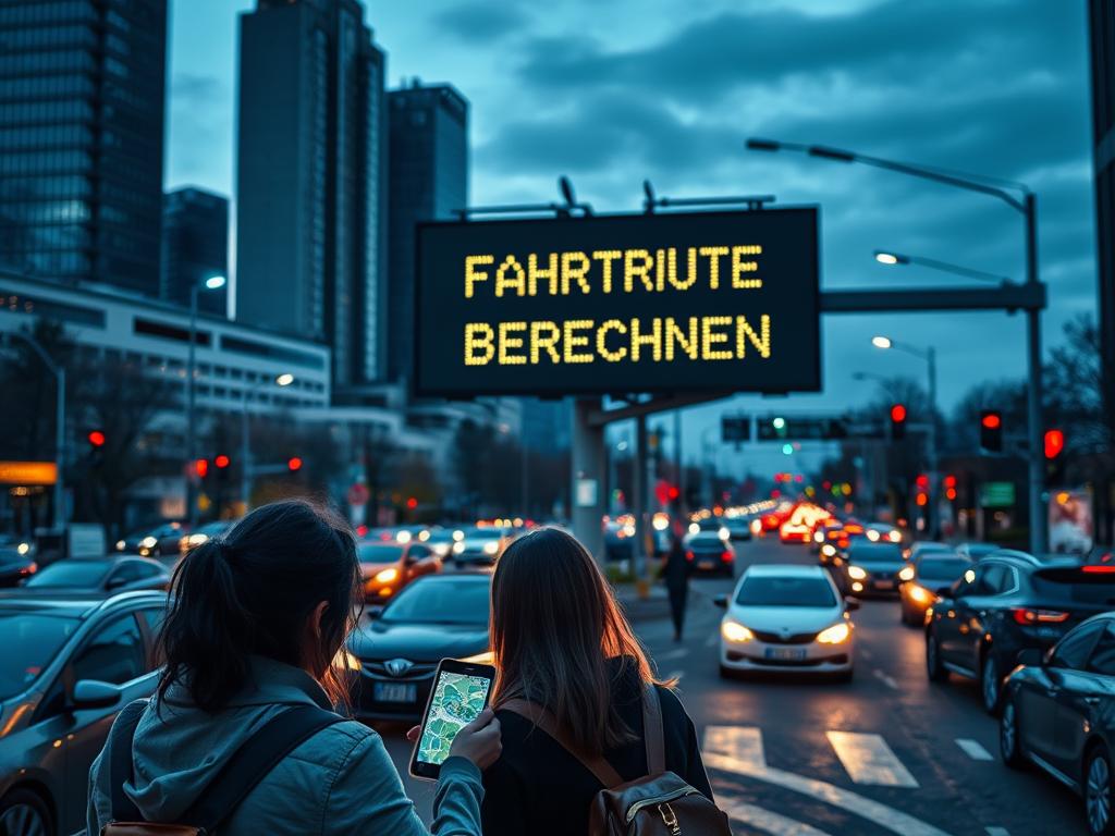 A busy city intersection at dusk, with cars and pedestrians navigating the streets. In the foreground, a group of commuters consulting a digital map on a smartphone, their faces illuminated by the screen's glow. In the middle ground, a large electronic road sign displays the text "FAHRTROUTE BERECHNEN", casting an ambient light across the scene. The background features towering skyscrapers and traffic signals, creating a sense of urban vitality. The overall mood is one of efficiency and forward momentum, with a cool, blue-tinted lighting scheme suggesting a modern, technological environment.