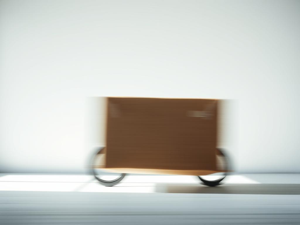 A close-up of a delivery package being quickly transported, with a sense of urgency and speed. The package is moving through the frame, blurred to convey motion, against a clean, minimalist background. Bright, directional lighting illuminates the package, creating dramatic shadows and highlights to emphasize its form. The overall mood is one of efficiency, modernism, and a focus on the expedited delivery process.