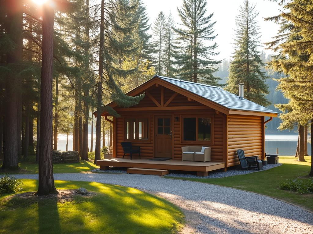 A cozy Swedish camping cabin nestled in a lush, verdant forest landscape. The cabin features a warm, rustic exterior with wooden siding and a charming pitched roof. Soft, diffused sunlight filters through the surrounding trees, casting a gentle glow over the scene. In the foreground, a well-maintained gravel path leads towards the cabin's entrance, inviting visitors to explore. The cabin's interior is visible through large windows, hinting at the comfortable amenities and homely atmosphere within. In the background, a serene lake reflects the natural beauty of the surrounding environment, creating a peaceful, idyllic atmosphere.