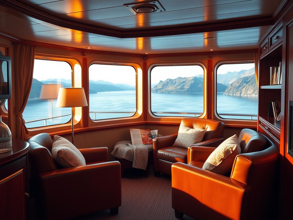 A cozy cabin interior aboard a Hurtigruten cruise ship, bathed in warm, golden lighting. Plush leather armchairs and a large picture window overlooking the serene Norwegian fjords. Wooden accents and a well-stocked mini-bar create an atmosphere of relaxation and indulgence. Soft throws and pillows invite guests to unwind as the ship gently sways. A small reading nook in the corner, with a selection of local literature. The overall scene evokes a sense of luxurious comfort and connection with the breathtaking natural surroundings.