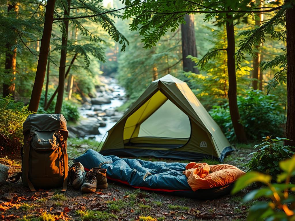 A cozy campsite nestled in a lush, verdant forest, with a backpack, sleeping bag, and camping gear neatly arranged in the foreground. Warm, soft lighting filters through the canopy, casting a golden glow on the scene. In the middle ground, a sturdy tent stands ready for an overnight adventure, its fabric gently billowing in a gentle breeze. In the background, a babbling brook meanders through the undergrowth, adding a soothing ambient soundtrack to the tranquil outdoor setting. The overall atmosphere is one of peaceful, rustic escapism, perfectly capturing the essence of a well-equipped and thoughtfully planned wilderness camping experience.