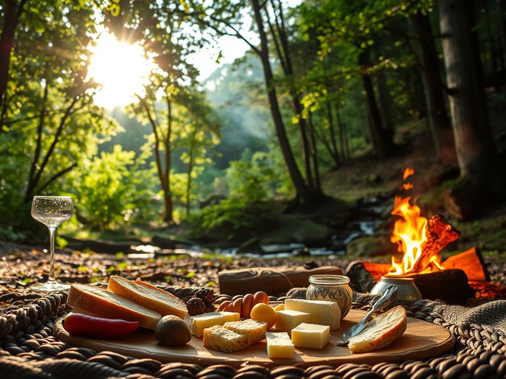 A cozy evening meal in a serene forest glade. In the foreground, a simple spread of fresh bread, cheese, and fruits rests upon a woven picnic blanket. Dappled sunlight filters through the lush canopy above, casting a warm glow on the scene. In the middle ground, a small campfire crackles, its flames dancing as a gentle breeze rustles the surrounding foliage. In the distance, a tranquil stream winds its way through the trees, its soft gurgling creating a soothing soundtrack. The overall atmosphere is one of peaceful connection with nature, an idyllic moment of untroubled outdoor dining.