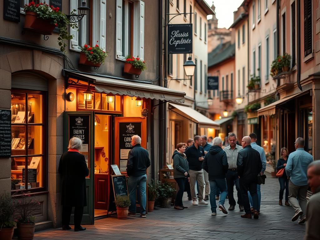 A cozy, intimate street scene in a quaint European town, bathed in the warm glow of evening light. In the foreground, a group of locals gathered around a small, family-owned restaurant, its charming facade adorned with potted plants and a chalkboard menu. Through the open doors, glimpses of lively conversation and the inviting aroma of homemade dishes waft out, beckoning passersby to come and experience the authentic local cuisine. In the middle ground, other businesses line the picturesque street, their facades reflecting the town's traditional architecture. The background is softly blurred, hinting at the historic landmarks and vibrant community that surround this hidden gem of a restaurant, where visitors can truly immerse themselves in the local way of life.