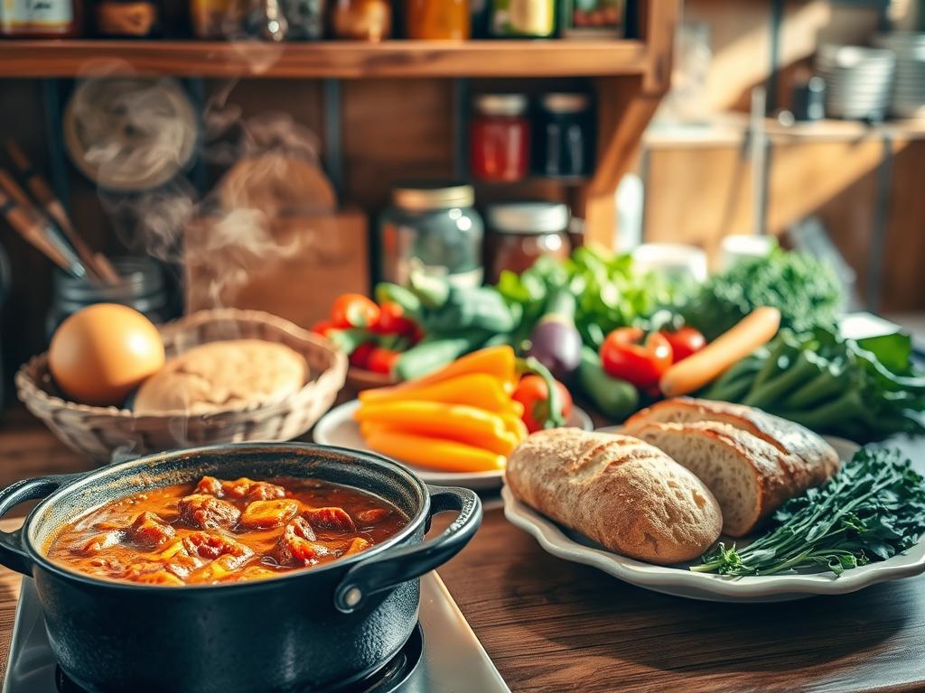 A cozy kitchen counter showcases an array of traditional local dishes, each with its own distinct aroma and vibrant colors. In the foreground, a hearty stew simmers in a cast-iron pot, its savory steam rising. Alongside, a platter displays freshly baked bread, its crust glistening. In the middle ground, a collection of vibrant vegetables and herbs, locally sourced, are carefully arranged, ready to be incorporated into the recipes. The background features a rustic wooden shelving unit, adorned with jars of preserves and other pantry staples, evoking a sense of homespun authenticity. The overall scene is bathed in warm, natural lighting, creating a welcoming and inviting atmosphere, perfect for inspiring culinary exploration and the discovery of local food traditions.