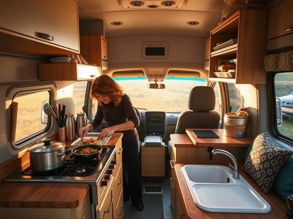 A cozy kitchen in a campervan, bathed in warm, golden light filtering through a small window. In the foreground, a person busily preparing a simple yet delicious meal on a compact stovetop, surrounded by neatly organized cooking utensils and ingredients. The middle ground features cleverly designed storage spaces and a compact sink, showcasing the clever use of limited space. In the background, a glimpse of the scenic countryside through the van's windshield, hinting at the freedom and adventure of the vanlife lifestyle. The atmosphere is one of focus, efficiency, and a sense of contentment in making the most of a compact environment.