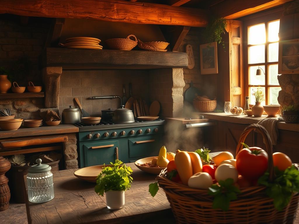 A cozy kitchen in a traditional rural setting, bathed in warm, golden light filtering through a large window. Rustic wooden beams and stone walls frame a scene of homemade dishes simmering on a cast-iron stove, the aroma of locally sourced ingredients filling the air. A weathered wooden table is set with earthenware plates and charming handcrafted utensils, inviting the viewer to slow down and savor the honest flavors of the local cuisine. In the foreground, a basket overflows with fresh produce, a testament to the region's bountiful harvest. The overall atmosphere exudes a sense of timeless comfort and connection to the land, capturing the essence of an unforgettable culinary experience.
