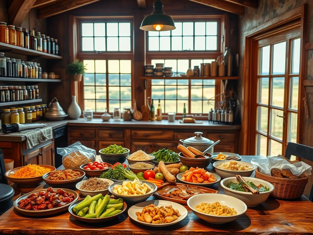 A cozy kitchen interior, bathed in warm, soft lighting and filled with the inviting aromas of traditional local cuisine. In the foreground, a wooden table is set with an array of regional dishes, their colors and textures beckoning the viewer to taste and explore. Behind it, shelves lined with jars and bottles of locally sourced ingredients, reflecting the pride and care taken in their preparation. In the background, large windows offer a glimpse of a pastoral landscape, hinting at the origins of these culinary delights. The overall atmosphere exudes a sense of comfort, familiarity, and a deep connection to the land and its people.
