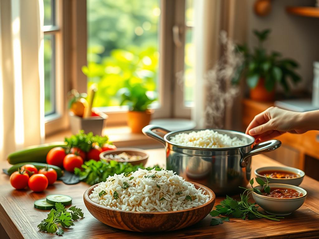 A cozy kitchen interior illuminated by warm, natural lighting. In the foreground, a steaming pot of fragrant basmati rice sits atop a simple, wooden table, surrounded by an array of fresh ingredients - sliced cucumbers, vibrant cherry tomatoes, flavorful herbs, and a small bowl of savory curry. In the middle ground, a person's hands gently tending to the dish, carefully arranging the components. The background features a window overlooking a lush, verdant garden, hinting at the wholesome, homemade nature of the everyday rice dish being prepared.