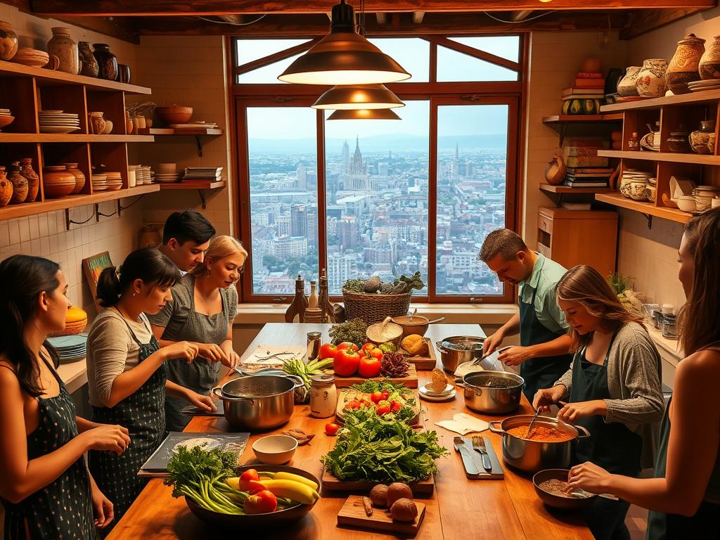 A cozy kitchen scene filled with the vibrant energy of communal cooking. In the foreground, a group of friends gathered around a large wooden table, chopping vegetables, stirring pots, and exchanging lively conversation. Warm lighting from pendant fixtures casts a gentle glow, highlighting the concentration on their faces as they prepare a delectable meal together. In the middle ground, shelves line the walls, displaying an eclectic collection of spices, cookbooks, and handcrafted pottery. The background reveals a panoramic view of a bustling city through large windows, a testament to the local connections being forged in this intimate culinary experience. The overall atmosphere exudes a sense of community, collaboration, and the joy of shared culinary traditions.
