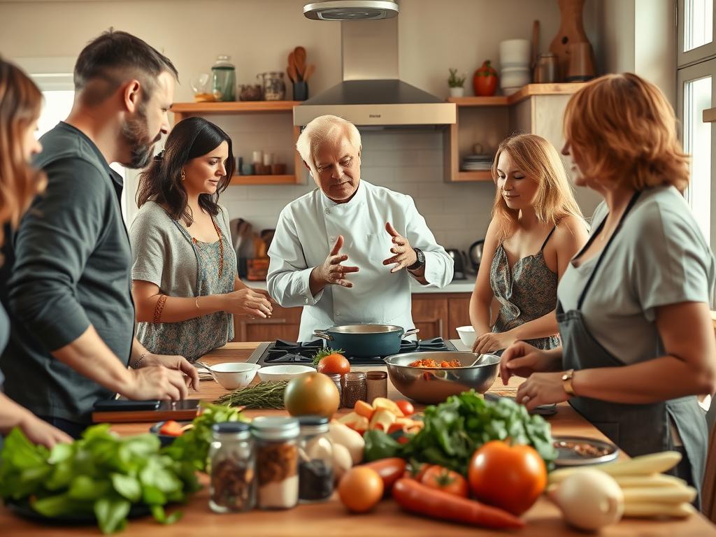 A cozy kitchen scene with a group of people gathered around a table, chopping vegetables and mixing ingredients. The foreground features various cooking utensils, spices, and fresh produce neatly arranged. In the middle ground, a local chef demonstrates a cooking technique to the attentive group, gesturing with their hands. The background showcases the warm, homely atmosphere of the kitchen, with natural lighting filtering through the windows and the faint aroma of a simmering dish in the air. The overall mood is one of collaboration, learning, and the joy of preparing a meal together.