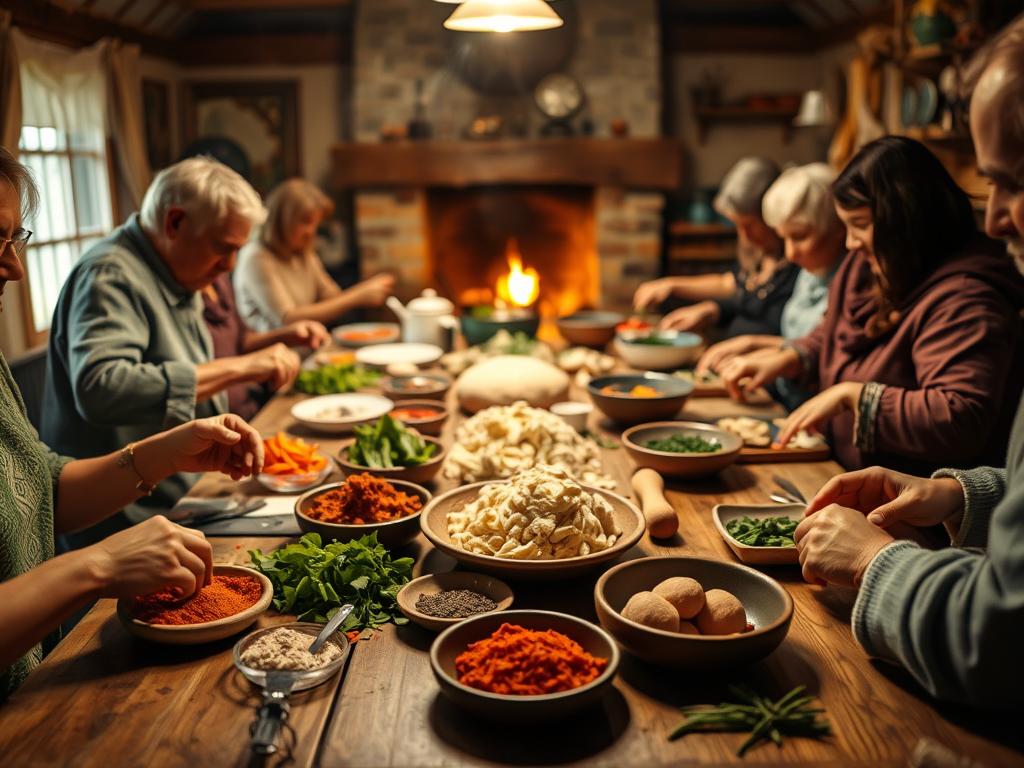 A cozy kitchen setting with a group of people gathered around a large wooden table, preparing traditional dishes together. In the foreground, hands work skillfully, chopping vegetables and kneading dough. The middle ground showcases an array of spices, herbs, and cooking tools, reflecting the depth of local culinary knowledge. In the background, a warm, inviting atmosphere is created by soft lighting, perhaps from a fireplace or overhead lamps, casting a golden glow over the scene. The overall mood is one of community, tradition, and the joy of shared culinary experiences.