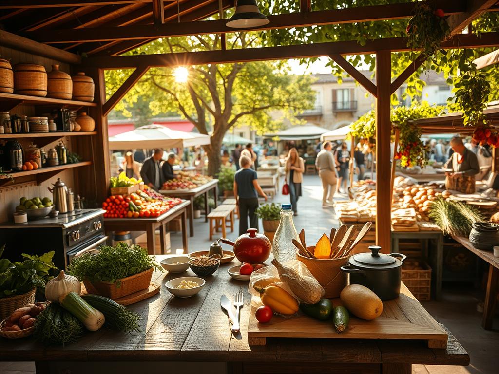 A cozy open-air kitchen overlooking a bustling local market. Fresh produce, locally sourced ingredients, and sustainable cooking utensils are arranged on a rustic wooden table. Warm afternoon sunlight filters through the trees, casting a gentle glow over the scene. In the background, stalls selling seasonal fruits, vegetables, and artisanal breads line the market squares. Shoppers browse the stalls, selecting the finest local bounty. An atmosphere of community, tradition, and appreciation for the land radiates throughout, embodying the essence of sustainable, mindful cuisine.