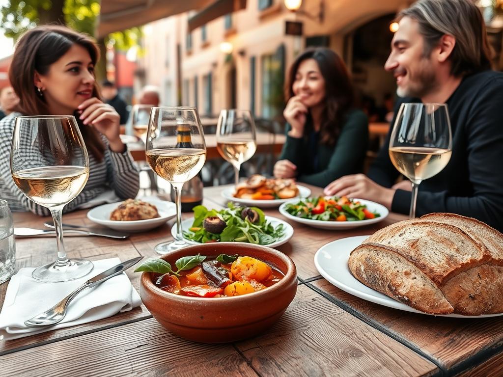 A cozy outdoor café nestled in a quaint European town, warm sunlight filtering through the trees. A table with a rustic wooden surface, adorned with a simple yet elegant place setting - a pristine white linen napkin, gleaming silverware, and a glass of crisp, local white wine. On the table, an array of local dishes: a hearty stew in a earthenware bowl, a salad bursting with fresh greens and vibrant vegetables, and a crusty loaf of freshly baked bread. The faces of the diners are relaxed and content, savoring each bite and sip, lost in the moment of pure gustatory pleasure. The overall atmosphere is one of relaxation, community, and appreciation for the simple joys of homegrown, locally-sourced cuisine.