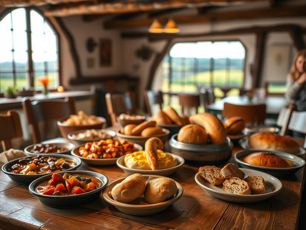 A cozy, traditional dining scene showcasing local specialty dishes. In the foreground, a rustic wooden table is set with a variety of mouthwatering local delicacies - hearty stews, savory pies, and fragrant breads. Warm, indirect lighting casts a soft glow, creating an inviting atmosphere. In the middle ground, a charming country-style interior with exposed beams and natural textures sets the scene. The background features a picturesque rural landscape visible through a large window, hinting at the origins of the fresh, locally-sourced ingredients. The overall mood is one of homey comfort and artisanal craftsmanship, perfectly capturing the essence of enjoying traditional regional specialties.