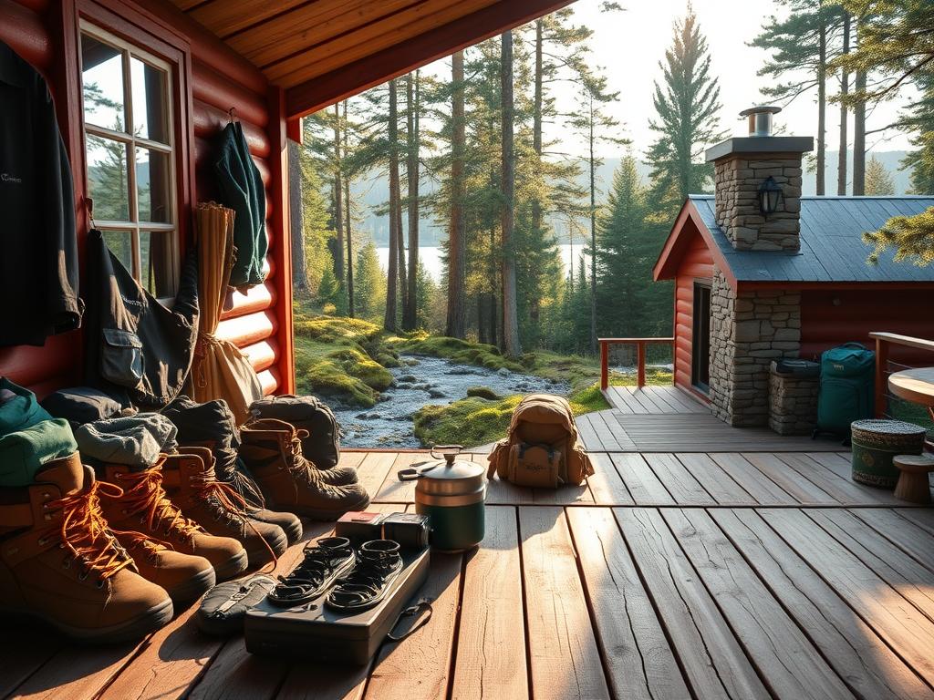 A cozy, well-equipped Swedish camping cabin nestled in a serene, forested landscape. In the foreground, a neatly arranged assortment of essential outdoor gear - sturdy hiking boots, weatherproof jackets, backpacks, and a trusty camping stove. Filtered sunlight streams through the cabin's window, casting a warm, golden glow over the scene. In the middle ground, a wooden deck extends outward, inviting visitors to take in the picturesque surroundings - towering pine trees, a babbling brook, and a tranquil lake in the distance. The cabin's rustic exterior, with its red-painted timber and stone chimney, blends seamlessly into the natural setting. An atmosphere of cozy simplicity and peaceful contemplation pervades the entire composition.