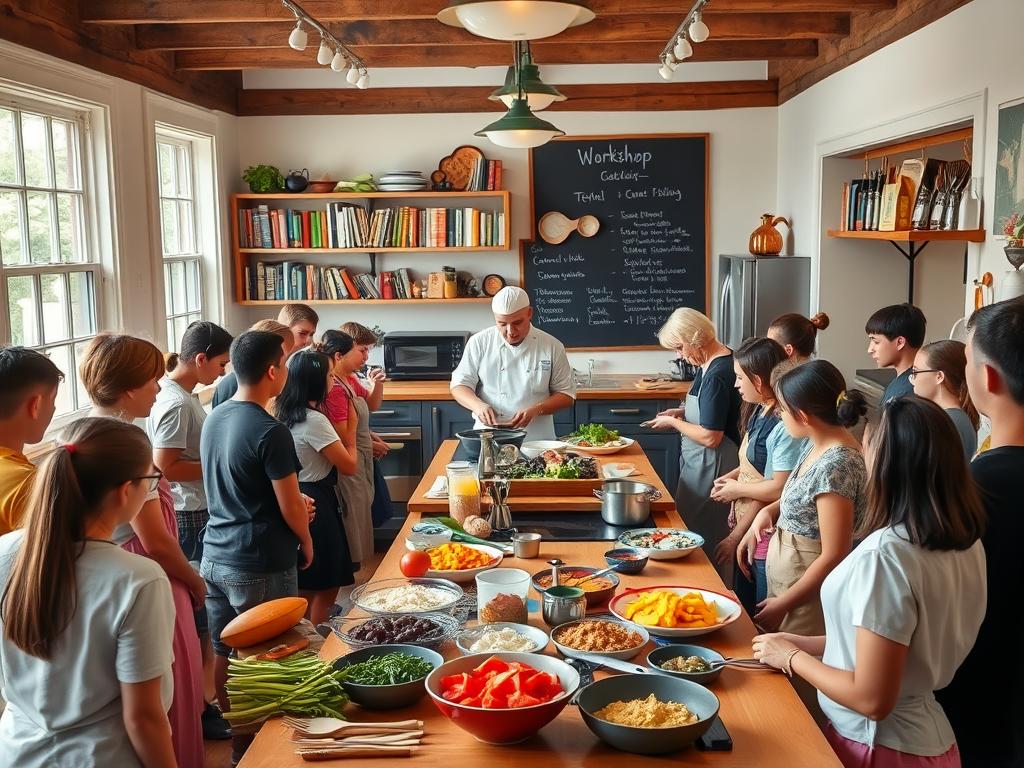A cozy, well-equipped kitchen with natural lighting and warm, inviting atmosphere. Rows of eager students gathered around a central island, watching a skilled chef demonstrating intricate culinary techniques. Colorful ingredients and cooking utensils neatly arranged, creating a visually captivating scene. In the background, shelves of cookbooks and a chalkboard displaying the day's workshop menu. Capturing the spirit of a hands-on, immersive cooking experience where participants can learn to craft delectable dishes like seasoned professionals.