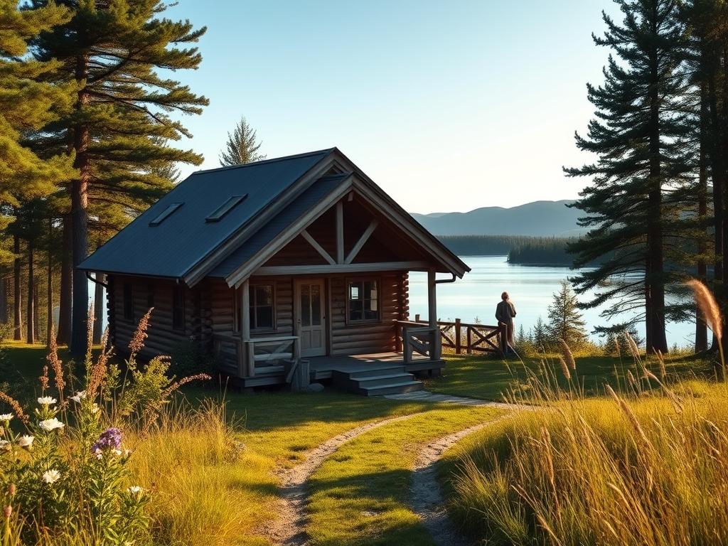 A cozy wooden cabin nestled in the serene Swedish countryside, surrounded by lush pine forests and a tranquil lake. The exterior features a charming pitched roof, weathered timber walls, and a spacious wraparound porch. Soft natural light filters through the windows, casting a warm glow over the inviting entrance. In the foreground, a well-tended path leads towards the cabin, flanked by blooming wildflowers and tall grasses. The middle ground reveals a serene lakeside setting, with still waters reflecting the picturesque landscape. In the distance, rolling hills and a cloudless sky complete the idyllic scene, conveying a sense of peaceful seclusion and rustic charm.