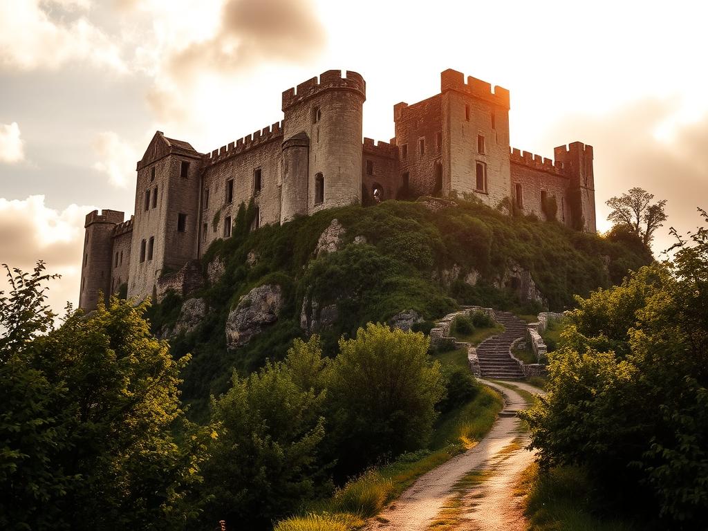 A crumbling medieval castle, its weathered stone walls overgrown with ivy, stands majestically atop a rugged hilltop. Warm golden sunlight filters through wispy clouds, casting a soft, romantic glow over the scene. In the foreground, a path winds through a lush, verdant forest, inviting the viewer to explore the captivating history and unseen stories of this ancient, time-worn place. The atmosphere is one of wistful reverence, a sense of wonder and mystery surrounding the faded grandeur of this forgotten relic. The image conveys the allure and fascination of these aged, enigmatic sites, their ability to transport us to another era and spark our imagination.