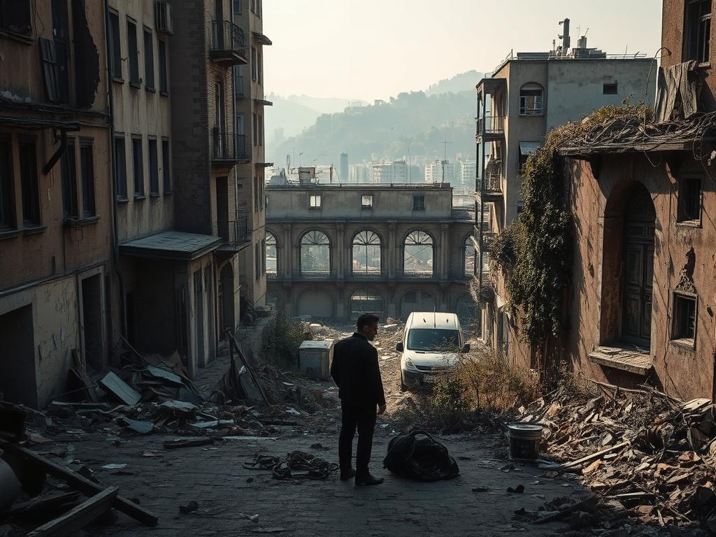 A decaying cityscape shrouded in a somber, muted palette. Crumbling facades, chipped paint, and weathered surfaces reflect the passage of time. In the foreground, a lone figure stands amidst the urban decay, contemplating the bittersweet beauty of impermanence. Soft, diffused lighting casts long shadows, creating a pensive atmosphere. The middle ground features a collage of architectural elements - arched doorways, rusted metal, and overgrown vegetation - symbolizing the cycle of creation and destruction. In the background, a hazy, dreamlike skyline hints at the transient nature of all things. This poignant scene conveys the nuanced theme of "Verfall in der Kunst" - the significance of decay and its role in the evolution of artistic expression.