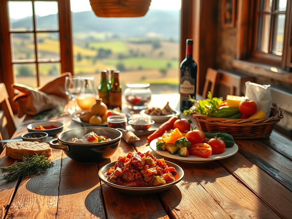 A delightful culinary exploration unfolds on a rustic wooden table, bathed in warm, golden light. In the foreground, an array of vibrant, freshly prepared dishes beckons - a steaming bowl of hearty stew, a basket of crusty bread, and a plate of colorful, locally sourced vegetables. The middle ground reveals a collection of spices, herbs, and a carafe of robust, ruby-hued wine, hinting at the flavors and aromas that have been masterfully combined. In the background, a window offers a glimpse of a picturesque, rolling countryside, further emphasizing the connection between the food and the land from which it was harvested. This captivating scene invites the viewer to savor the joys of discovering new culinary delights and the stories they hold.
