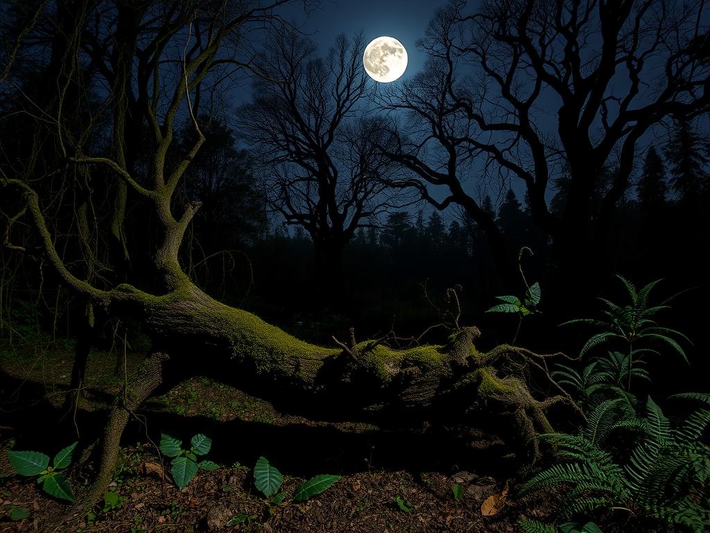 A dense, overgrown forest on a moonlit night. In the foreground, a decaying, moss-covered tree trunk lies on the forest floor, its branches reaching skyward like gnarled fingers. The middle ground is filled with tangled vines and ferns, casting shadows across the ground. In the distance, the silhouettes of ancient trees loom, their bare branches stretching against a starry sky. The scene is bathed in a soft, ethereal glow, evoking a sense of melancholy and the transient nature of life. The composition emphasizes the cycle of growth and decay, the beauty that can be found in nature's impermanence.