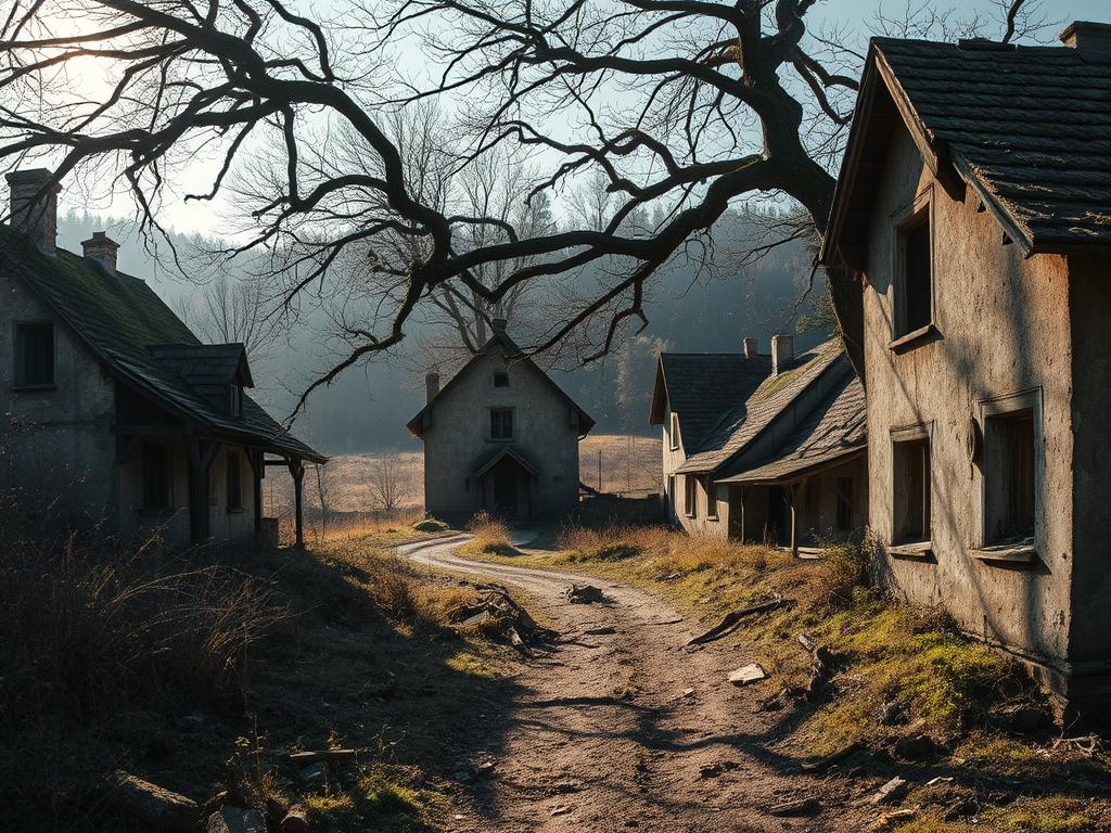 A desolate, abandoned village nestled in the rolling hills of the German countryside. The dilapidated houses, their windows shattered and roofs caved in, stand as haunting relics of a bygone era. Overgrown weeds and moss creep up the crumbling walls, reclaiming the land. Sunlight filters through the gnarled branches of ancient trees, casting long shadows across the deserted streets. An eerie silence pervades the scene, save for the occasional rustling of the wind. The viewer is drawn into this forgotten world, intrigued by the mysteries that lie within these abandoned dwellings. A sense of melancholy and wonder permeates the frame, inviting the viewer to explore and uncover the secrets of this desolate, yet hauntingly beautiful, German village.