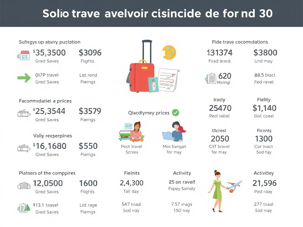 A detailed infographic depicting the average prices for solo travel packages for individuals aged 30 and above. The foreground showcases a clean, minimalist design with key statistics and cost breakdowns for various travel components like flights, accommodations, meals, and activities. The middle ground features icons and illustrations representing the essential elements of a solo travel experience, such as a suitcase, a calendar, and a group of diverse travelers. The background maintains a soft, muted color palette to keep the focus on the informative data visualization. The overall mood is one of clarity, practicality, and visual appeal to help readers understand the financial considerations of embarking on a solo travel adventure in their 30s.