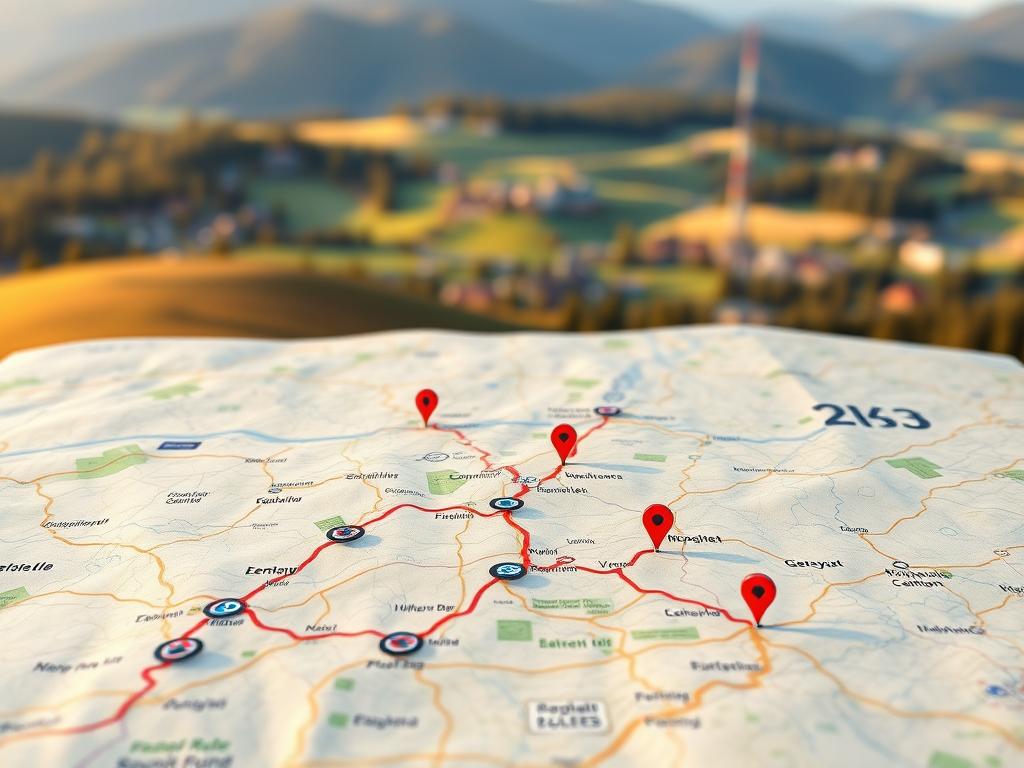 A detailed interactive map interface, showcasing a seamless bicycle route planner for Germany. The foreground features a high-resolution map with intuitive navigation controls, allowing users to zoom, pan, and explore cycling paths across the country. The middle ground presents markers for popular destinations, elevation profiles, and customizable route-planning tools. In the background, a softly blurred landscape with rolling hills, forests, and villages sets the scenic tone. Warm, natural lighting illuminates the scene, creating a inviting and informative visual experience for planning the perfect bicycle adventure.