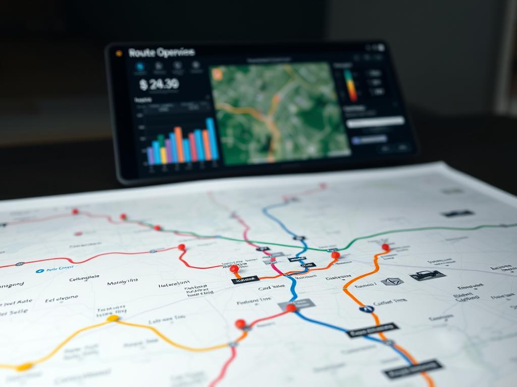 A detailed route optimization map with a focus on field service operations. In the foreground, a clear, color-coded route plan with optimized paths connecting various customer locations. In the middle ground, a dashboard displaying relevant data such as travel time, distance, and efficiency metrics. In the background, a satellite or street map providing geographical context. The scene is illuminated by soft, directional lighting, creating depth and emphasizing the clarity of the information. The overall mood is one of analytical precision and practical utility, supporting the theme of "Die Bedeutung der Routenoptimierung".