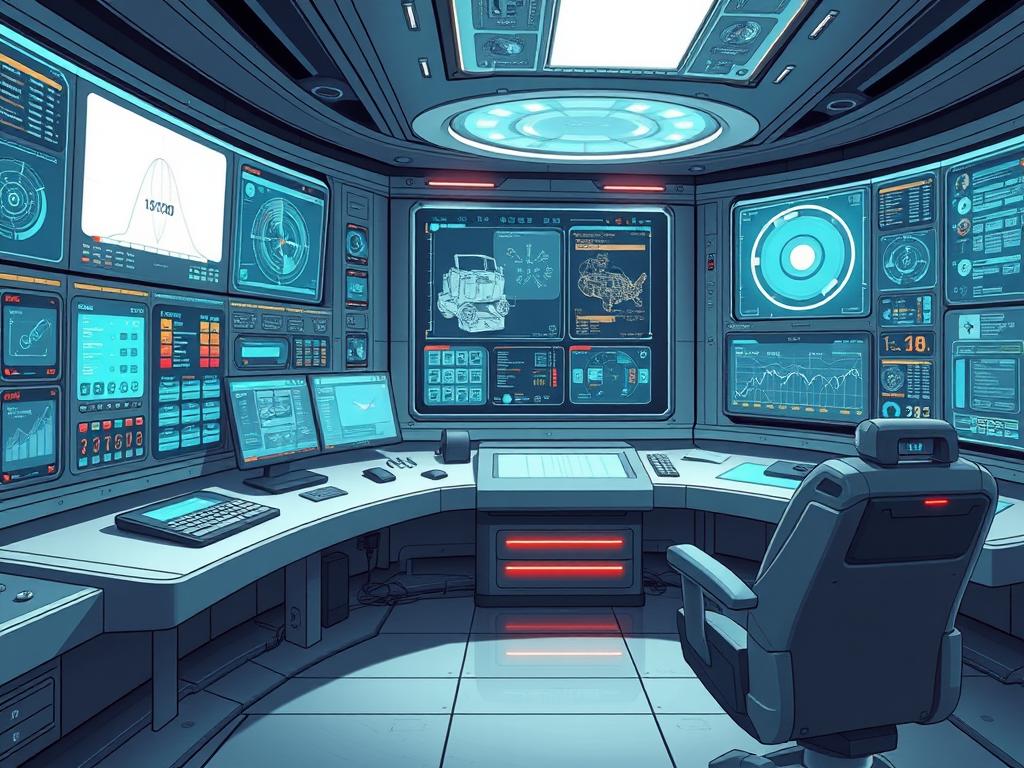 A detailed, technical illustration of a comprehensive tracking system. Showcase a futuristic control panel with a sleek, minimalist design, featuring an array of holographic displays, interactive interfaces, and advanced sensor readouts. Capture the system's complexity and precision, with clean lines, cool tones, and a sense of technological sophistication. Depict the system in a bright, well-lit environment, with strategic use of shadows and highlights to create depth and dimensionality. Convey a sense of efficiency, control, and real-time data processing, reflecting the capabilities of an expedited delivery service.